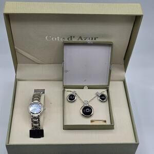 Cote d’Azur Watch Necklace Earrings Gift Set Black Rhinestone Untested Present